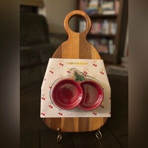 Cherry Shaped Red Ceramic Bowls on Wooden Serving Board